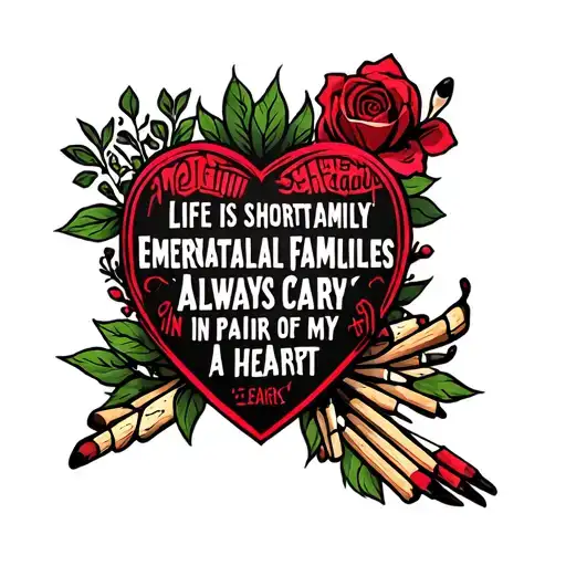 фразой "life is short technique long family eternally families in my heart always carry a pair of matches На внутр бицепс tattoo design idea