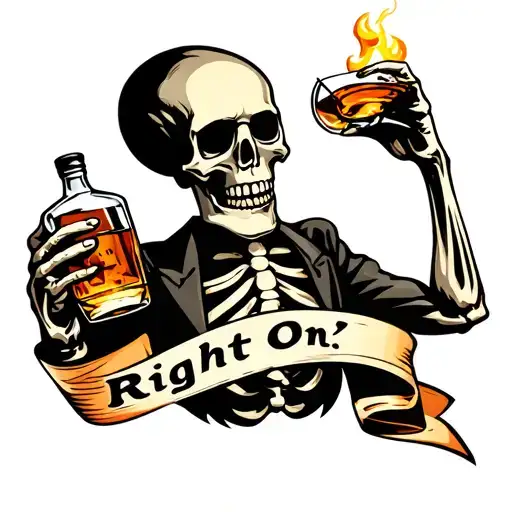 A Skeleton drinking fireball whiskey. banner below says "Right On: tattoo design idea