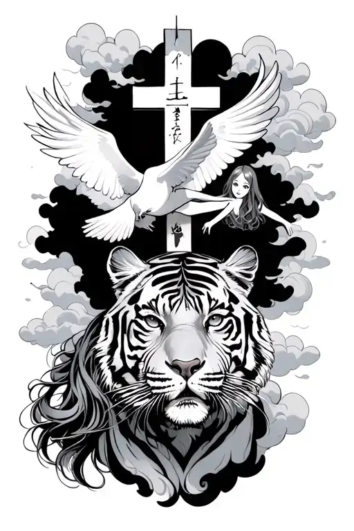 dove and a cross with clouds behind it with a floating script and a tiger shiver with a girl on top with Smokey hair tattoo design idea