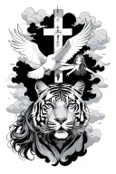 dove and a cross with clouds behind it with a floating script and a tiger shiver with a girl on top with Smokey hair tattoo design idea