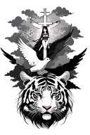 dove and a cross with clouds behind it with a floating script and a tiger shiver with a girl on top with Smokey hair tattoo design idea