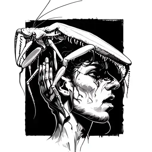 lady praying mantis chomping on a man's head tattoo design idea