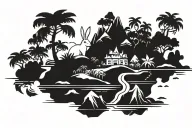 origami rabbit on an island landscape black and white, simple tattoo design idea