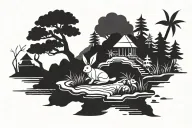 origami rabbit on an island landscape black and white, simple tattoo design idea