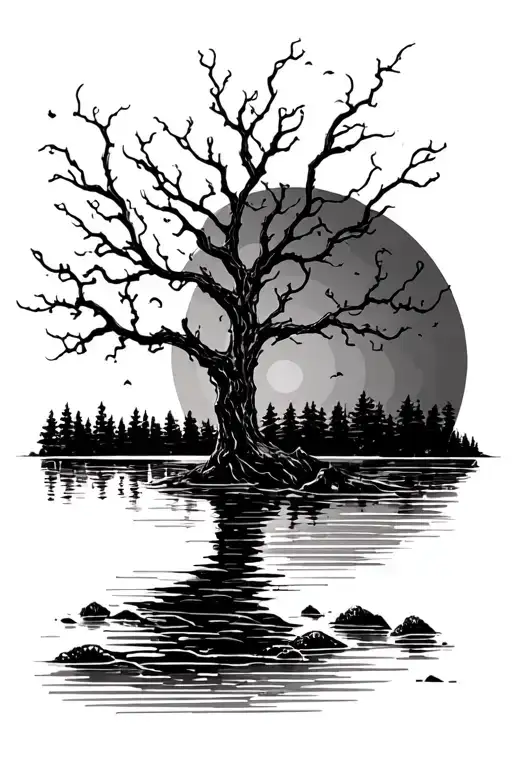 Poison Tree without leaves sunset over lake tattoo design idea