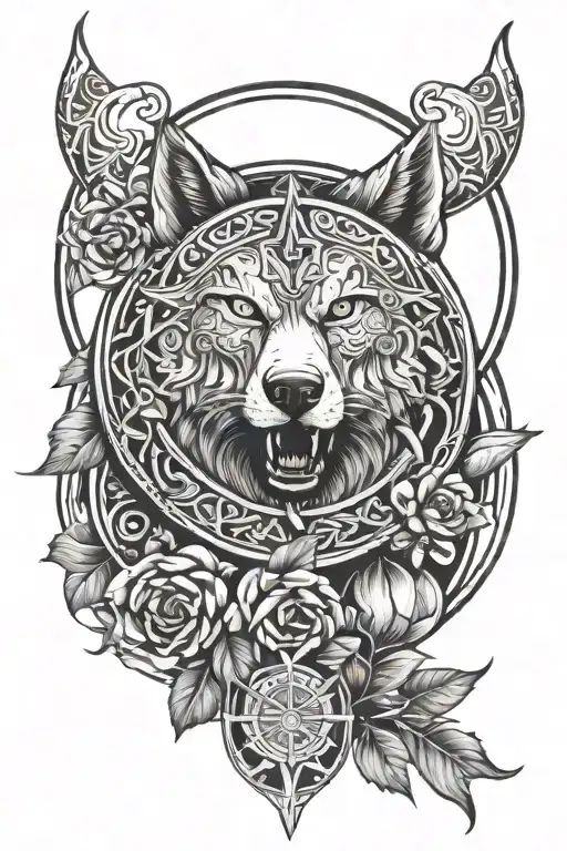 viking shield flower sun moon wolf tattoo design idea