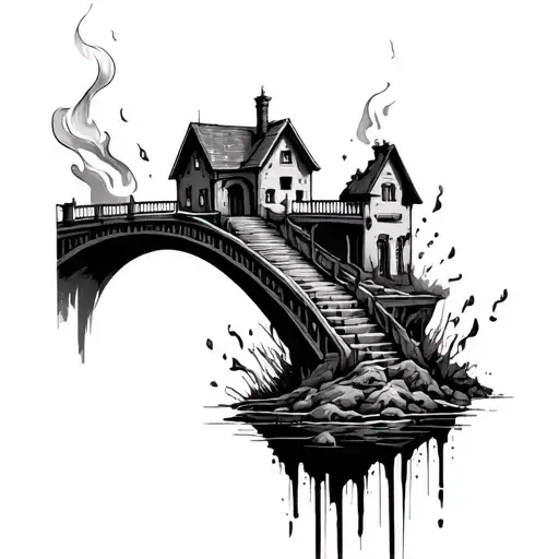 Burning bridge, and a home in ashes. new growth coming up from the earth tattoo design idea