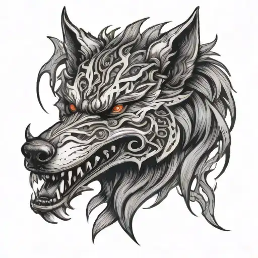 Fenrir the wolf with a snarl, burning eyes and broken chains around his neck tattoo design idea