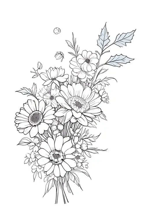flower bouquet intertwined including carnations, irise, daffodils, daisies, water lilies, cosmos, chrysanthemums, holly tattoo design idea