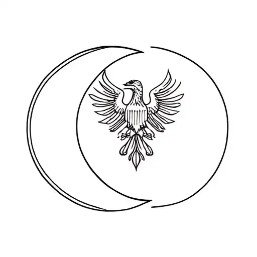 Minimalist fineline tattoo design featuring a stylized crescent moon and a double-headed Russian eagle tattoo design idea