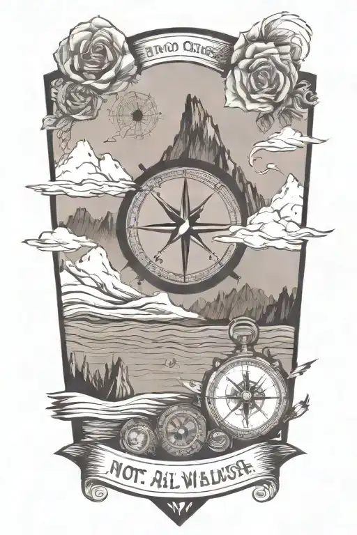  The quote;**"Not all who wander are lost"** surrounded by a compass, rose, waves, mountains and travel icons. tattoo design idea