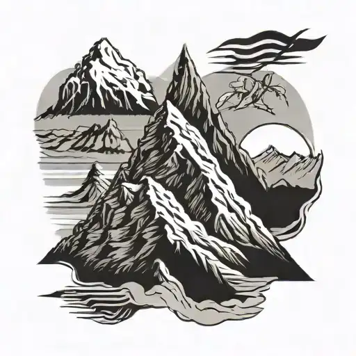 3 mountain peaks the one in the middle being the largest with a silhouette of man with a flag  tattoo design idea