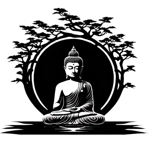 buddha temple with tree tattoo design idea