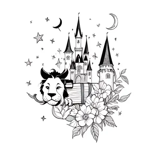 moon stars, disney castle, lion, flowers, books floating tattoo design idea