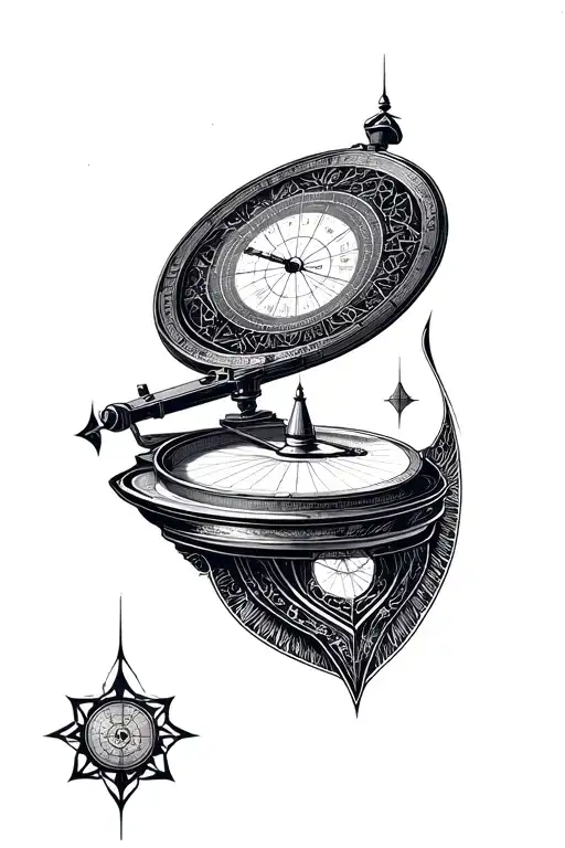 A fine-line astrolabe sits at the center of the design, intricately detailed with geometric precision, symbolizing guida tattoo design idea