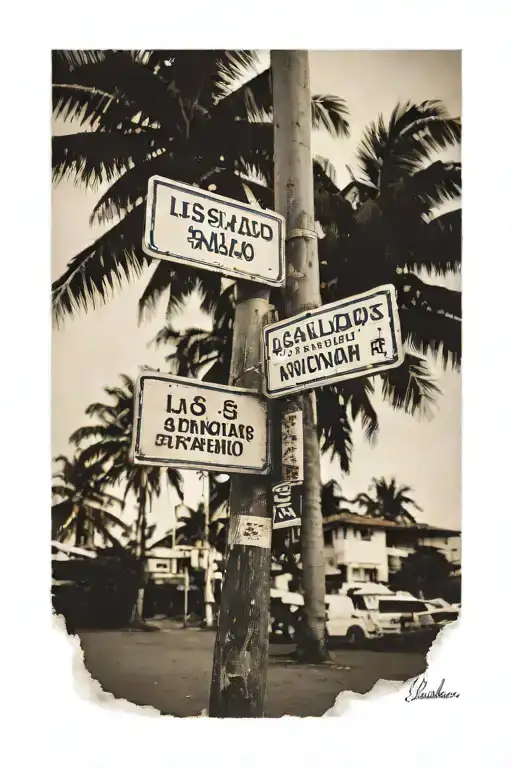 2 empty Polaroid pictures, street sign that says Los Salados, coordinates of Santiago de Los Caballeros, Dominican Republic tattoo design idea