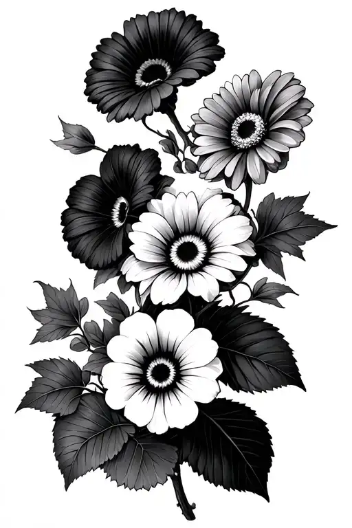 ivy vines wrapping with gerbera daisy and pansies blooming tattoo design idea