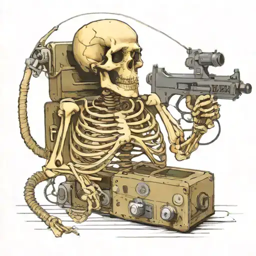 A skeleton using a military radio to call in a airstrike for fellow Marines tattoo design idea