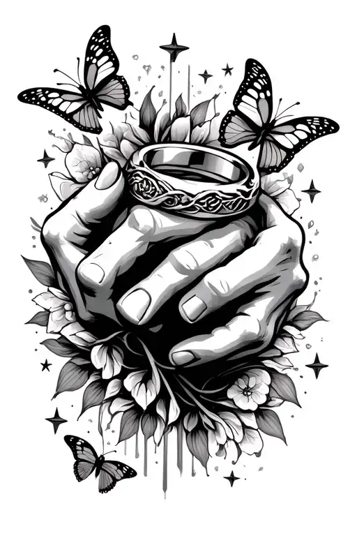 half dead hand holding wedding ring on finger, stars and butterfly  tattoo design idea