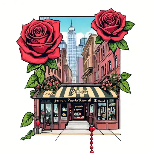 downtown Portland oregon cityscape in boutique of roses with rosary beads  tattoo design idea