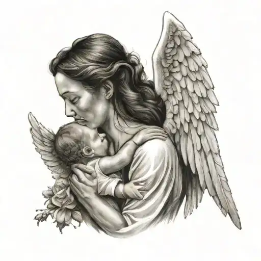 mother with small child, angel wings tattoo design idea