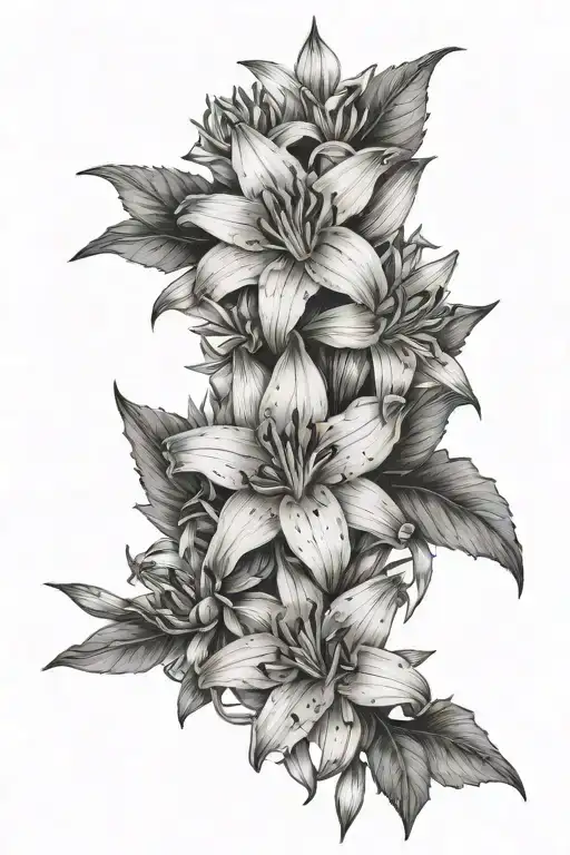 lilies aster and narcissus flower bouquet tattoo design idea