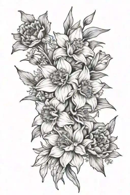 A bouquet of a daffodil, poppy, and daisy, all conected by a bow at the end. Add in leaves or other non-flower nature tattoo design idea