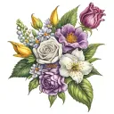 a bouquet of flowers, with two violets, a rose, a calendula, a gladiolus, holly and lily of the valley tattoo design idea