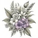 a bouquet of flowers, with two violets, a rose, a calendula, a gladiolus, holly and lily of the valley tattoo design idea