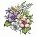 a bouquet of flowers, with two violets, a rose, a calendula, a gladiolus, holly and lily of the valley tattoo design idea