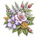 a bouquet of flowers, with two violets, a rose, a calendula, a gladiolus, holly and lily of the valley tattoo design idea