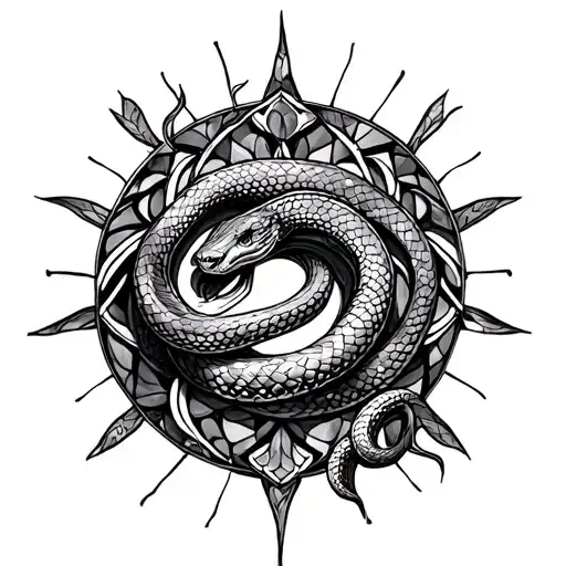Snake entwined in a stained glass mandala design incorporating tattoo design idea