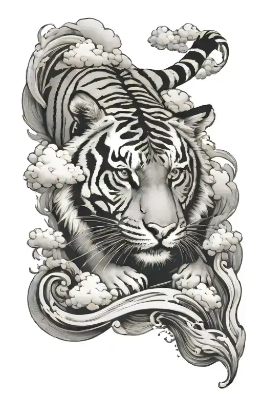 graceful tiger with water at bottom and clouds in background tattoo design idea