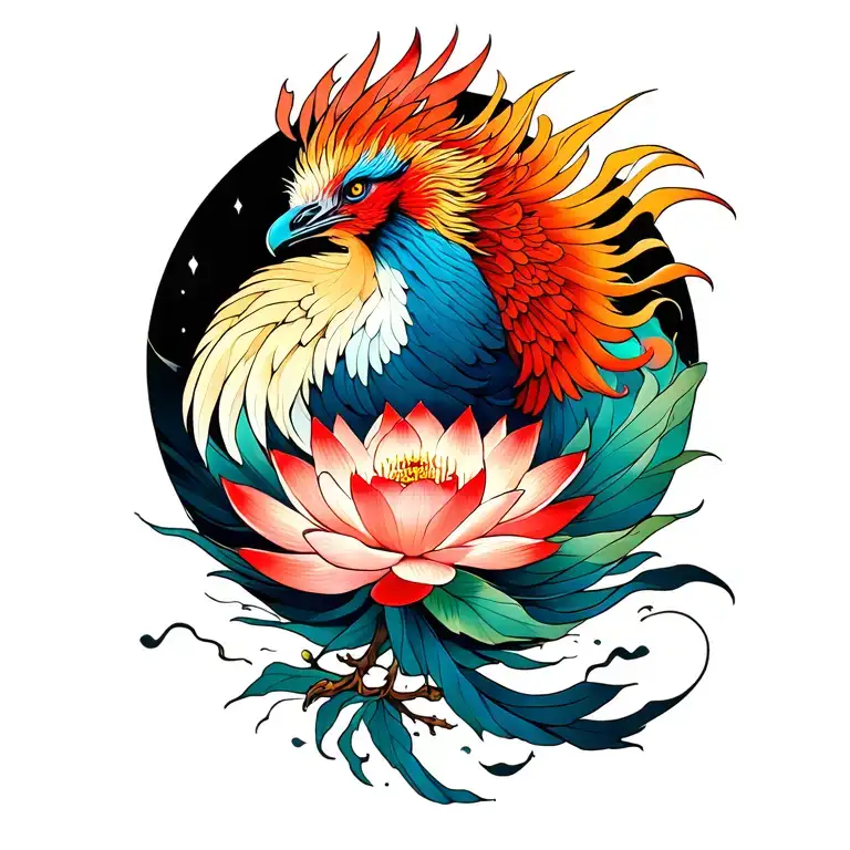 phoenix and lotus flower tattoo design idea