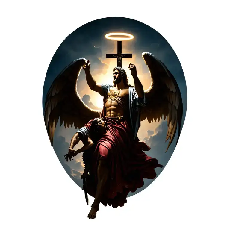 Saint Michael the Archangel defeats Satan, while holding a cross with a halo above it tattoo design idea