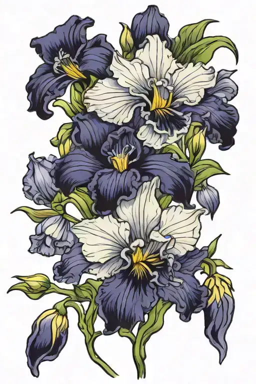 iris flower, daffodil, aster, sweet pea, peony, holly berries tattoo design idea