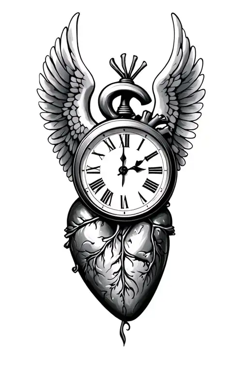 human heart clock with angel wings towards heaven for dad tattoo design idea