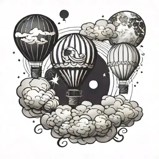 small hot air balloon surrounded by 4 phases of the moon with clouds tattoo design idea