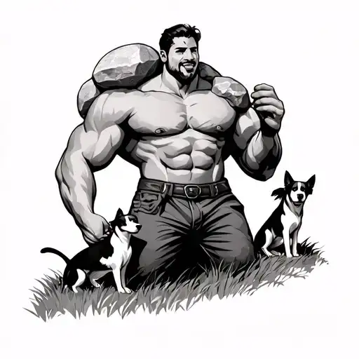 man with the dogs on grass caryying easily big  strongman stone on shoulder like atlas stone sizif  tattoo design idea