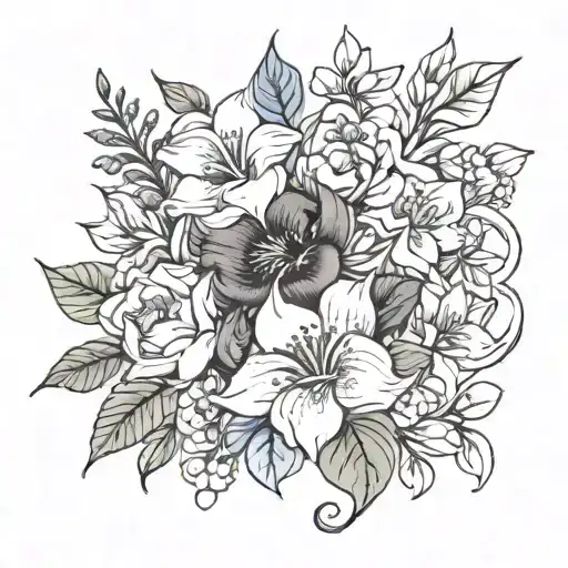 bouquet fine line january, may, september and november birth flowers  tattoo design idea