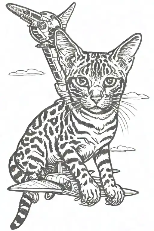 Bengal cat playing with an aircraft in the sky tattoo design idea