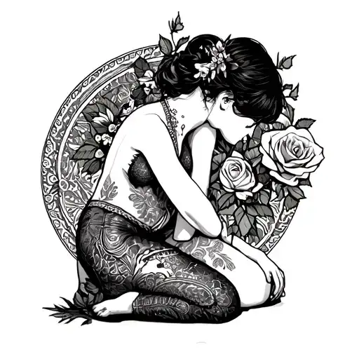 The girl stands on her knees, one hand rests on her thigh, the other holds the rose, the back is greatly bended, the hips are set aside tattoo design idea