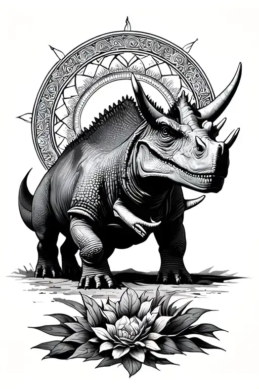 triceratops with circular mandala above and below tattoo design idea