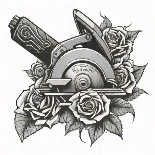 circular saw with roses tattoo design idea