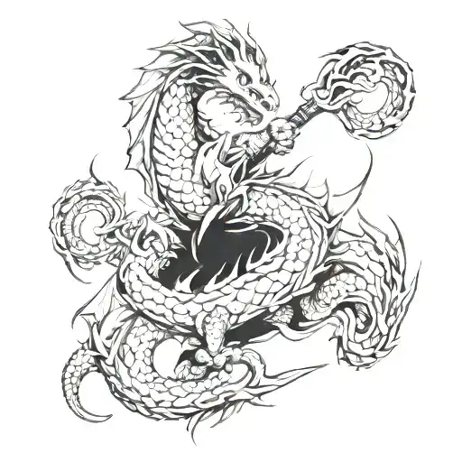 Medieval fantasy battle with dragon breathing fire  tattoo design idea