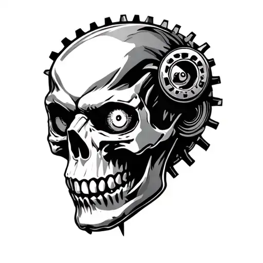 gearhead skull adrenaline filled scene with an acute intelligent vision in front of eyes tattoo design idea