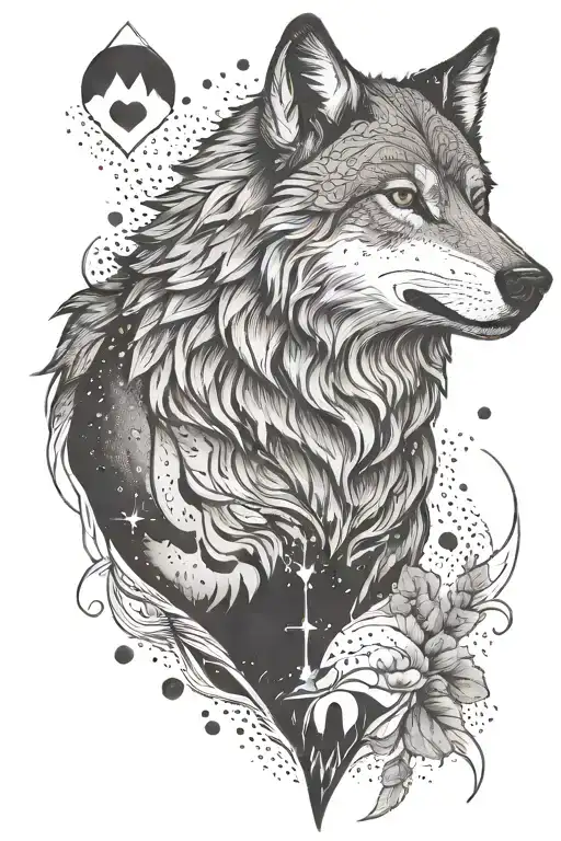 wolf with first name Lorenzo in the mountain and a heart tattoo design idea