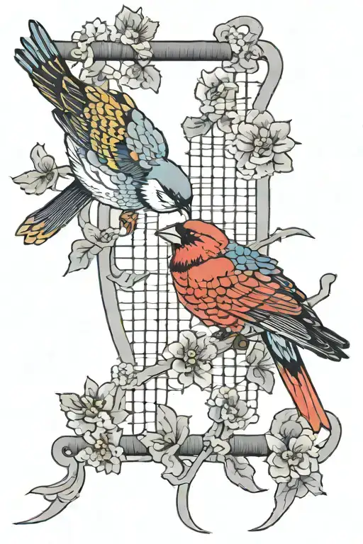 a pair of jian birds split by a fencing epee tattoo design idea
