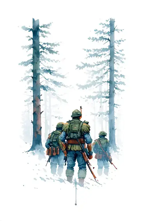 The back of the back is a hero and soldiers in a forest belt tattoo design idea