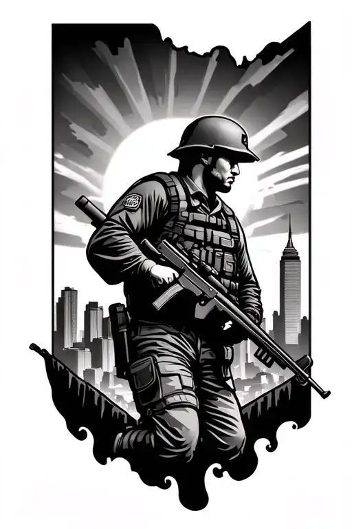 siloute of a solider holding a rifle, leaving for war, then returning behind columbus ohio skyline tattoo design idea